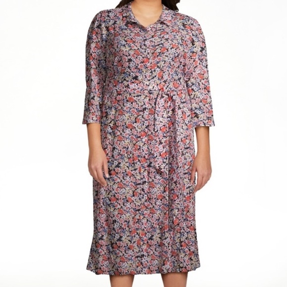 Floral print belted collared tea hem a-line three quarter sleeve shirtdress - Picture 1 of 10